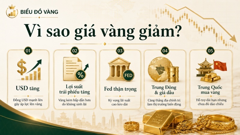 Nguyên nhân giá vàng hôm nay giảm do USD, lợi suất trái phiếu và Fed