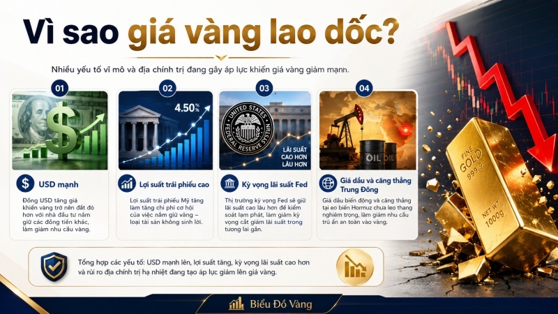 Nguyên nhân giá vàng lao dốc do USD mạnh lợi suất cao Fed và căng thẳng Trung Đông