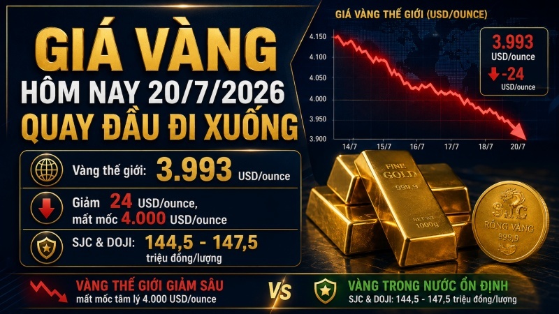 Giá vàng hôm nay 20/7/2026: Thế giới mất mốc 4.000 USD, SJC đứng giá