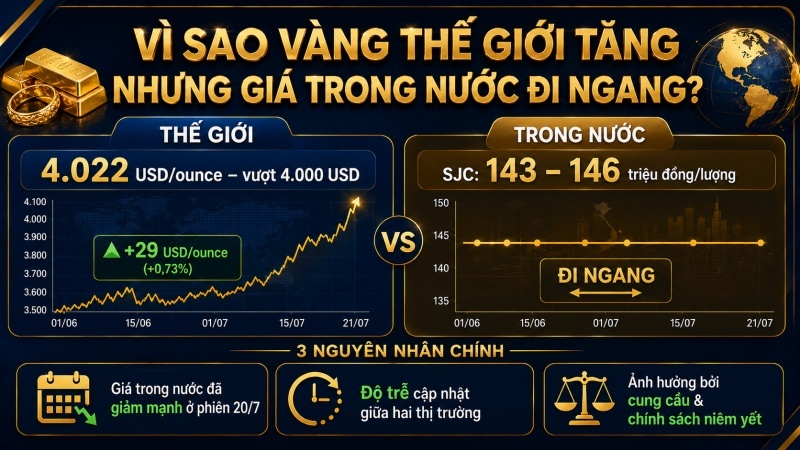Nguyên nhân vàng thế giới tăng nhưng giá vàng trong nước đi ngang ngày 21/7/2026