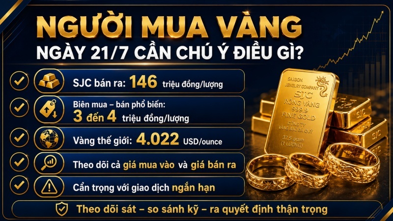 Người mua vàng ngày 21/7/2026 cần chú ý giá mua bán và mốc 4.000 USD mỗi ounce