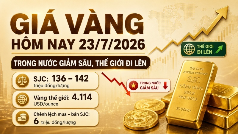 Giá vàng 23/7/2026 SJC giảm 5 triệu, chênh mua bán lên 6 triệu