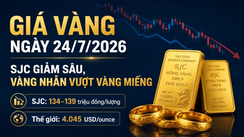 Giá vàng ngày 24/7/2026 SJC giảm còn 139 triệu, vàng nhẫn cao hơn