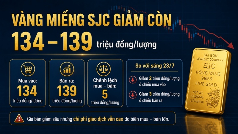 Giá vàng miếng SJC ngày 24/7/2026 giảm còn 134 đến 139 triệu đồng một lượng