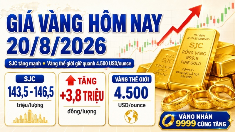 Thông tin giá vàng Giá vàng ngày 20/8/2026: SJC tăng 3,8 triệu đồng