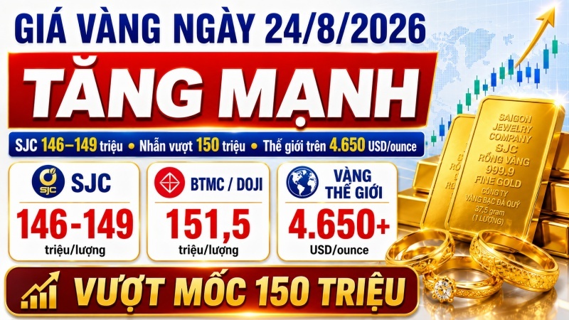 Giá vàng ngày 24/8/2026: Vàng nhẫn vượt 150 triệu